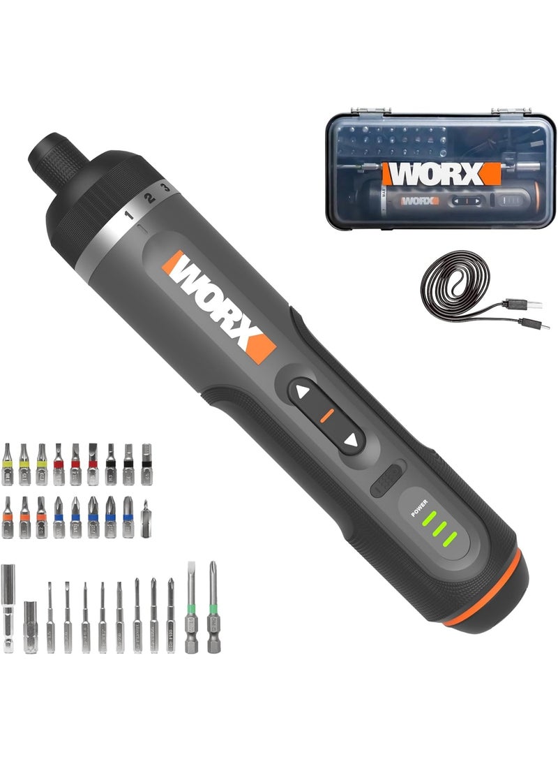 Worx WX242 4V Smart Cordless Electric Screwdriver Set – 7-Level Torque, SDS Quick-Change Chuck, LED Lighting, USB Rechargeable with 30 Bit Kit - Image 1