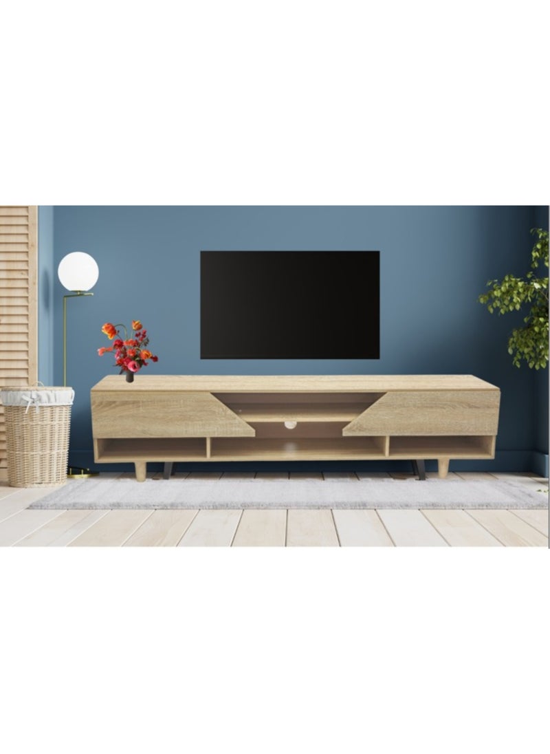 KARNAK - Karnak Modern TV Cabinet, Entertainment Stand, Media Console with a Natural Wood Finish & Storage Doors for Living Room or Media Room Color (Teak) 180Cm - Image 1