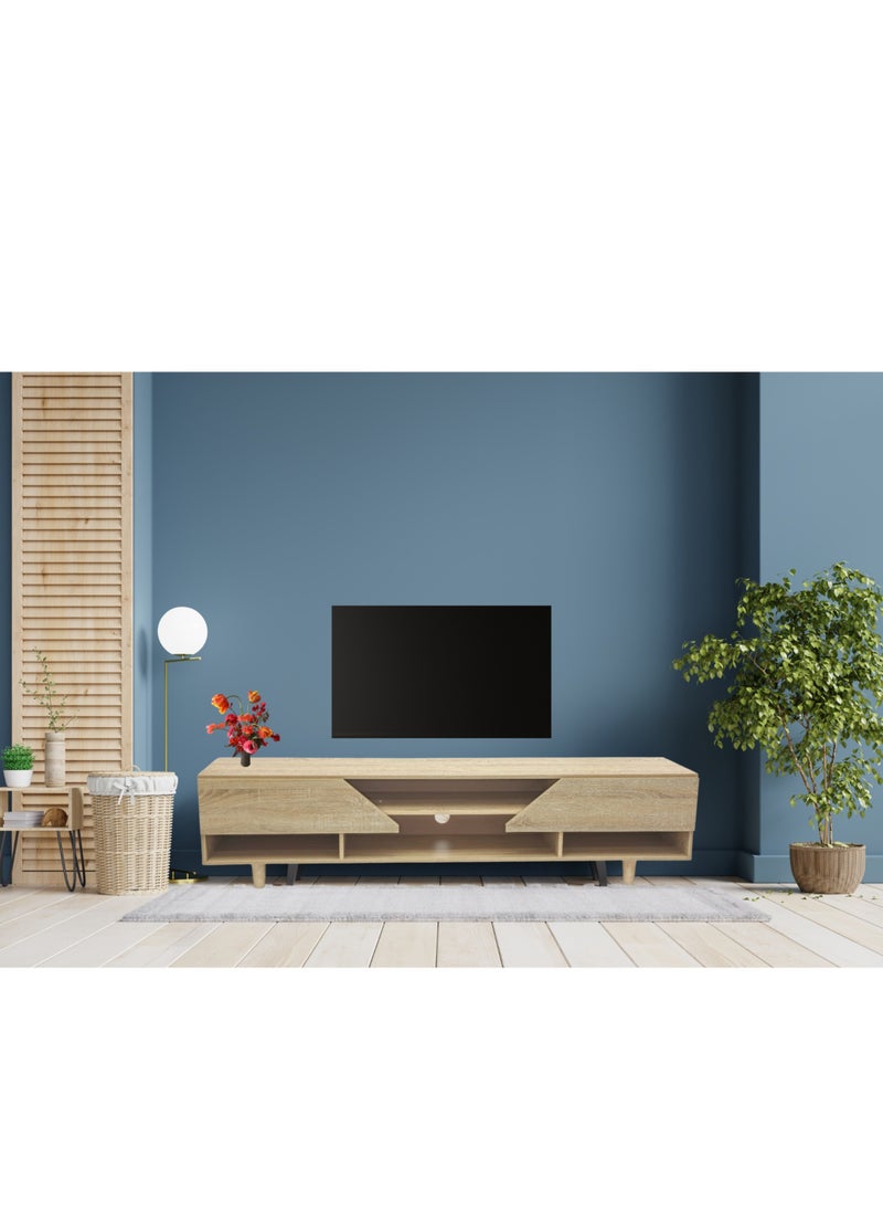 KARNAK - Karnak Modern TV Cabinet, Entertainment Stand, Media Console with a Natural Wood Finish & Storage Doors for Living Room or Media Room Color (Teak) 180Cm - Image 1
