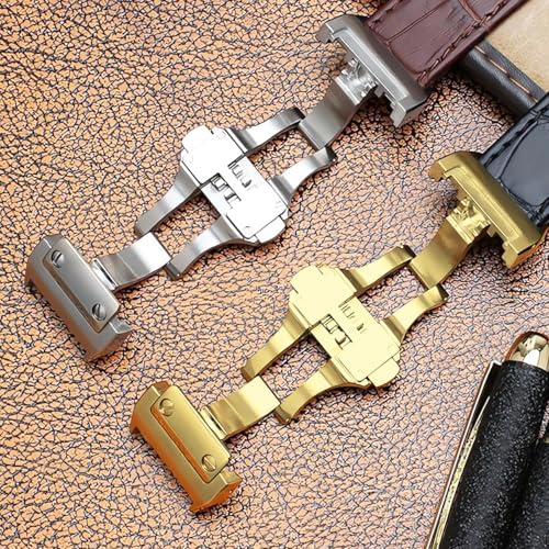hengfento2 Buckle Clasp Band Replacement For Cartier Santos Leather Deployment Stainless Steel 18/21mm (21mm Silver) - Image 4