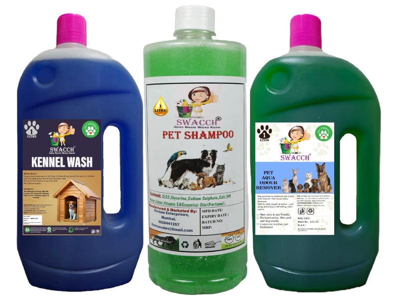 swacch Kennel Wash (Lavender) + Pet Shampoo (Neem Alovera) I Pet Aqua Odour Remover (Mogra) 1 Litre Combo Pack of 3 Economical Pack I Dog and Cat Friendly - Image 1