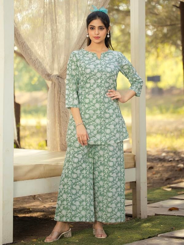 Tee Projekt Cotton Ethnic Wear Co Ord Set for Women | Co Ord Set for Women Stylish Light Green - Image 2