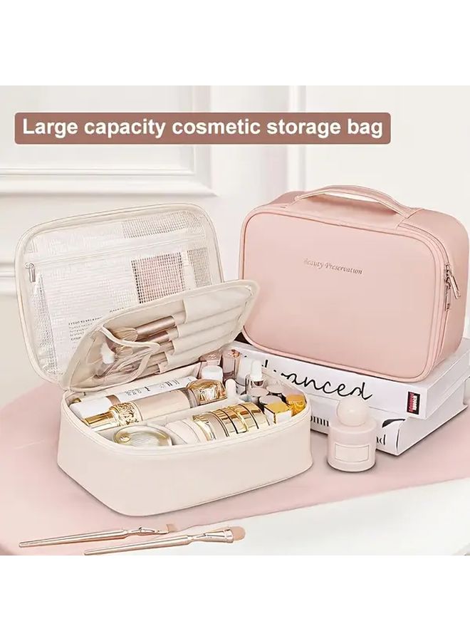 Pink Large Capacity Cosmetic Organizer With Brush Holder Travel Makeup Case Detachable Lid - Image 1