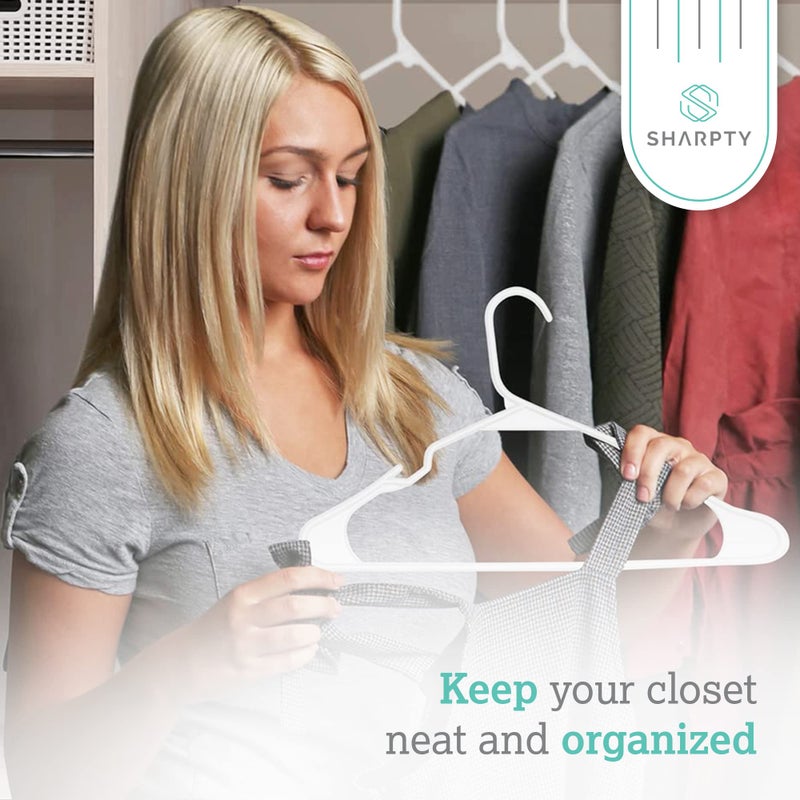 Sharpty Plastic Hangers Clothes Hangers for Clothing, Closet, Coats & Shirts - Notched, Durable, Space Saving - for Everyday Standard Use, Room Essentials & Basics - 50 Pack - White - Image 3