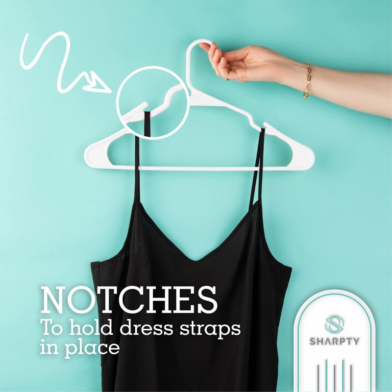 Sharpty Plastic Hangers Clothes Hangers for Clothing, Closet, Coats & Shirts - Notched, Durable, Space Saving - for Everyday Standard Use, Room Essentials & Basics - 50 Pack - White - Image 4