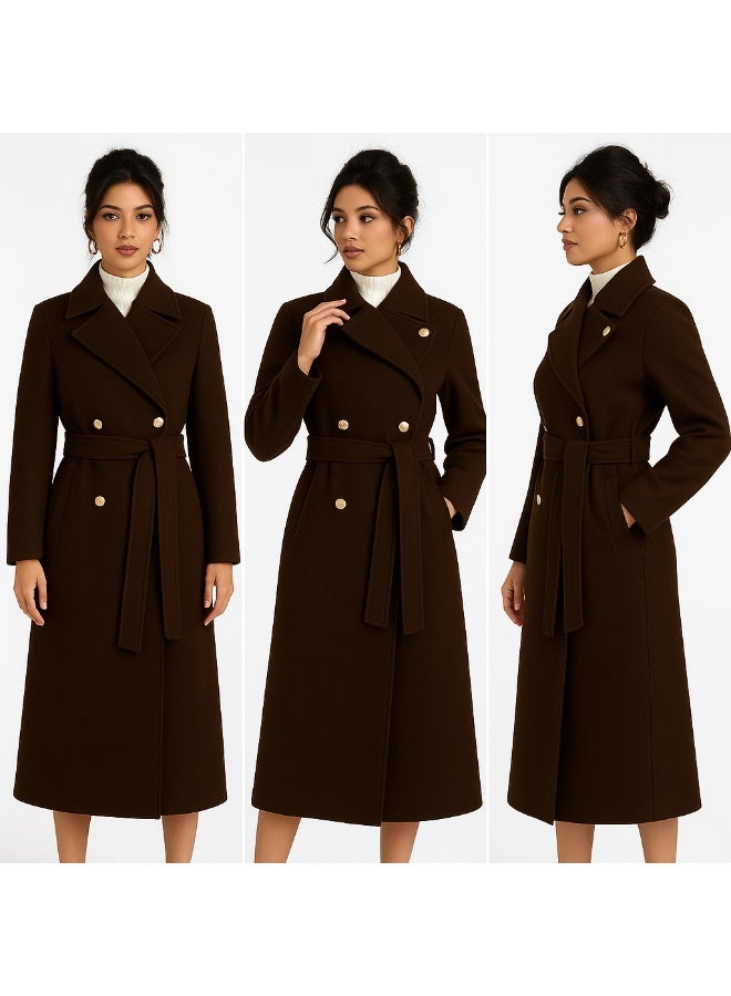 Women's Long Winter Coat in Dark Brown – Luxurious Wool Fabric, One Size Fits Up to 85 kg - Image 4