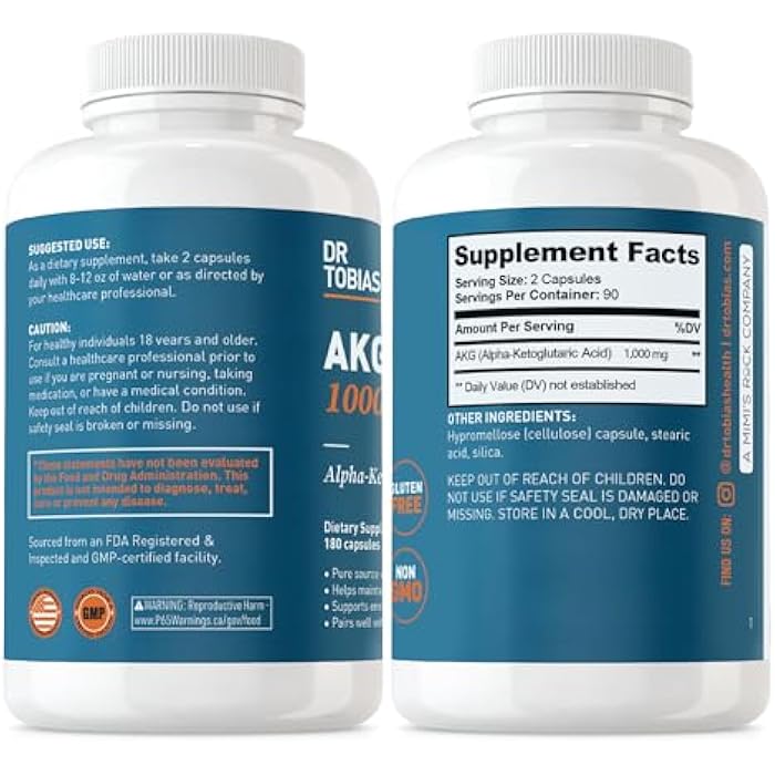 Dr. Tobias AKG Supplement 1000mg Per Serving, Bioavailable Alpha Ketoglutaric Acid, Supports Cellular Energy & Nitric Oxide Flow, Vegan, Gluten-Free, Non-GMO, 180 Capsules, 90 Servings - Image 5