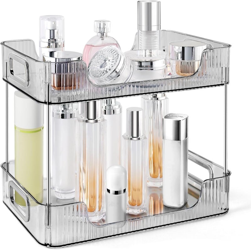 VARNI HOUSE MART 2-Tier Makeup Desk Organizer - Acrylic Bathroom Countertop Clear Cosmetic Perfume Organizer Vanity Bedroom Storage Tray Kitchen Spice Shelf Snack Mug Holder Acrylic Transparent Clear - Image 1