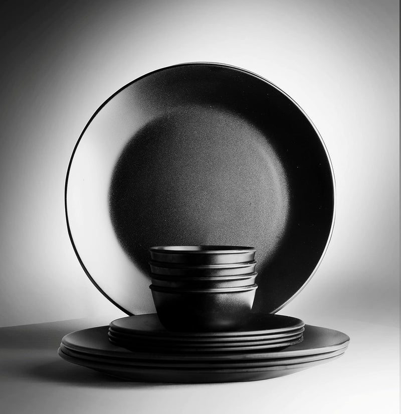 ECOSPIT CONTAINER Pack of 12 Black Regular Melamine Dinner Set Plates and Bowls Dinner Set Full Plates Small Plates with katoris Regular Black Design - Image 1
