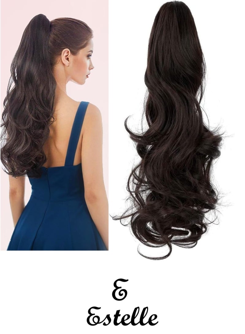 إستيل وصلات شعر ذيل الحصان بمشبك، وصلات شعر مجعدة ومموجة بمشبك، وصلات شعر صناعية طويلة بمشبك، ذيل حصان للنساء، بني داكن مجعد - Image 1