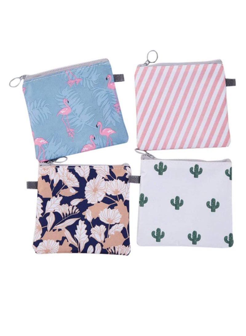 Menstrual Pad Bag Set, 4 Zipper Sanitary Napkin Bags with Cactus, Flamingo, Flower, Stripe Designs, Portable Pouches for Women and Girls - Image 1