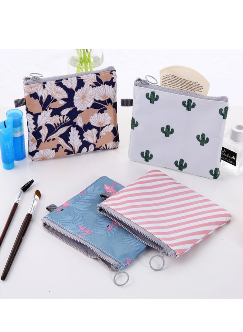Menstrual Pad Bag Set, 4 Zipper Sanitary Napkin Bags with Cactus, Flamingo, Flower, Stripe Designs, Portable Pouches for Women and Girls - Image 2