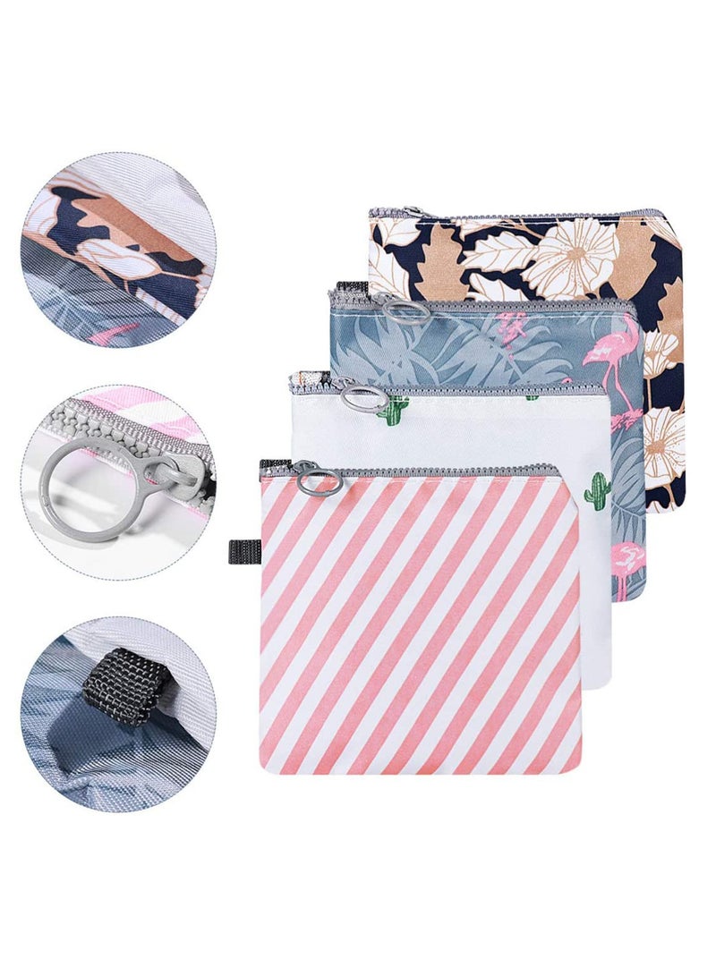 Menstrual Pad Bag Set, 4 Zipper Sanitary Napkin Bags with Cactus, Flamingo, Flower, Stripe Designs, Portable Pouches for Women and Girls - Image 4