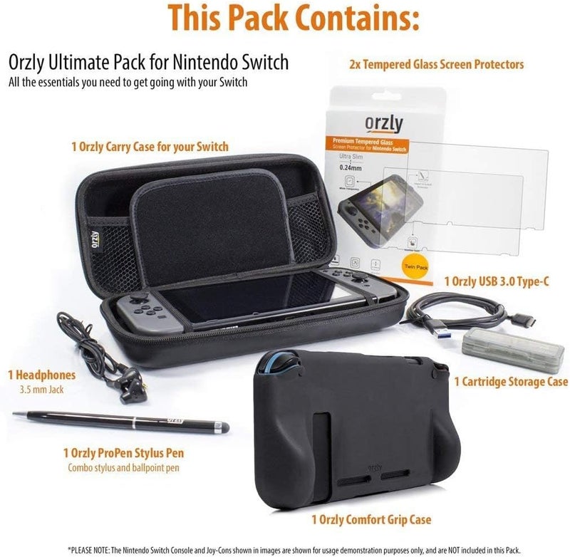 Orzly Nintendo Switch Accessory, Ultimate Pack for Nintendo Switch [Pack Includes: Tempered Glass Screen Protectors, Type C Cable, Case (Hard Case), Comfort Grip Case etc...] – Black - Image 2