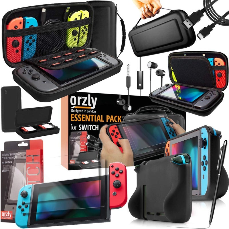 Orzly Nintendo Switch Accessory, Ultimate Pack for Nintendo Switch [Pack Includes: Tempered Glass Screen Protectors, Type C Cable, Case (Hard Case), Comfort Grip Case etc...] – Black - Image 1