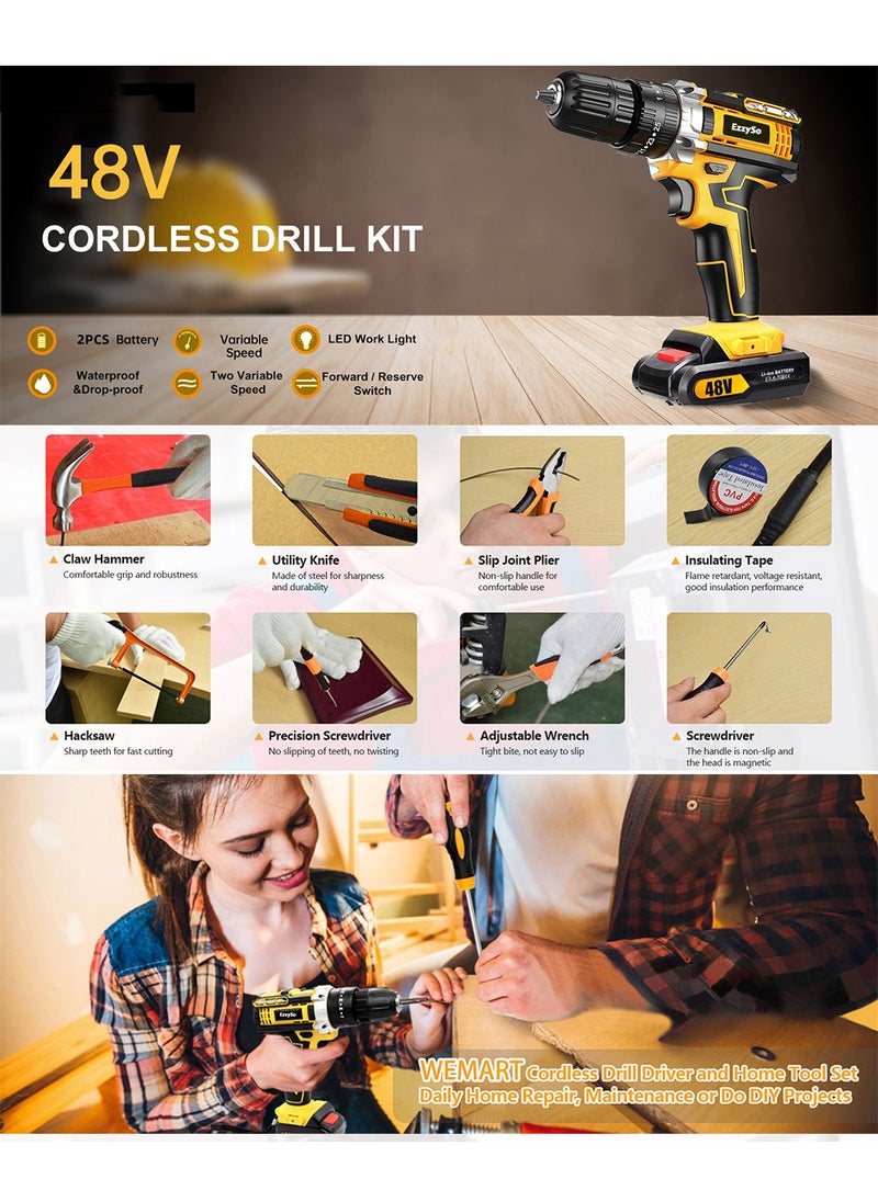 EzzySo 129 Piece Power Tools Kit with 48V Cordless Drill, Professional Household Home Tool Kit Set with DIY Hand Tool Kits for Garden Office House Repair Maintain  - Image 3