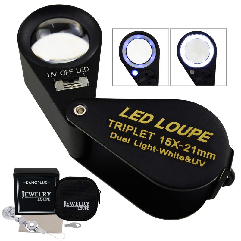 15x Magnifier Jewelry Loupe LED UV 21mm Triplet Lens Optical Glass Pocket Gem Magnifying Tool Jeweler Stamp Philatelist Coin Numismatic