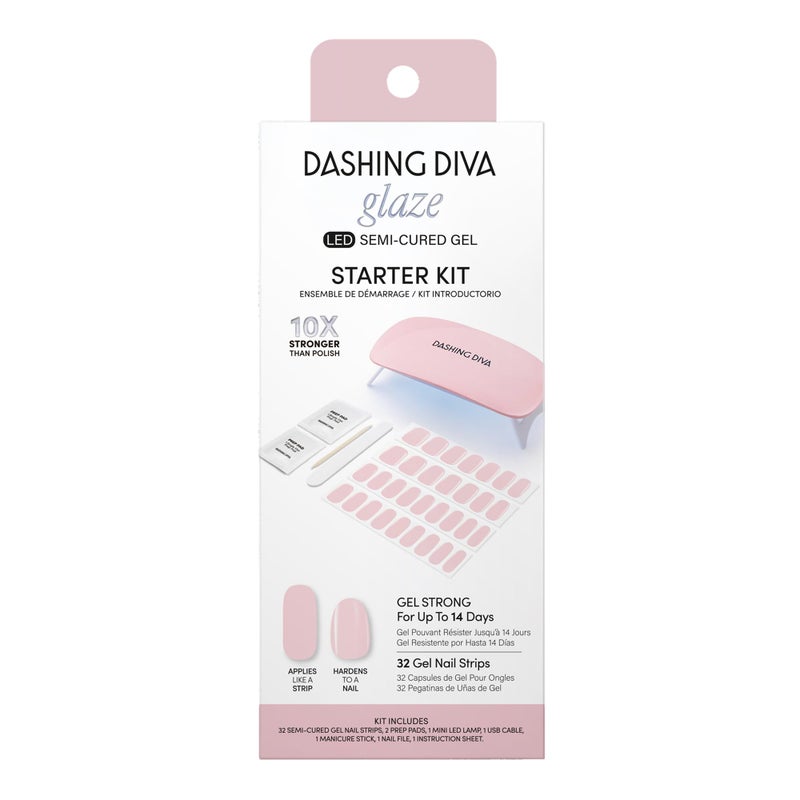 Dashing Diva Glaze Nail Starter Kit - Pale Blush - Long Lasting, Chip Resistant, Semi-Cured Gel Nail Strips - 7-Piece Manicure Set with 32 Strips and Mini LED Lamp - Image 1