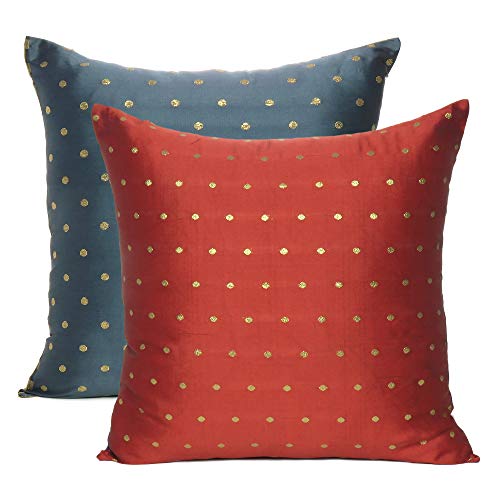Oussum Throw Cushion Cover Art Silk Pillow Cover Polka Dot Cushion Case Reversible Square Pillow Case for Home Decor Set of 2 (Red & Gray, 12 x 12) - Image 1