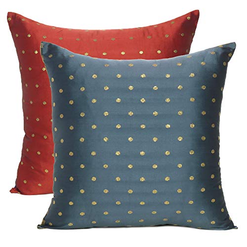 Oussum Throw Cushion Cover Art Silk Pillow Cover Polka Dot Cushion Case Reversible Square Pillow Case for Home Decor Set of 2 (Red & Gray, 12 x 12) - Image 2