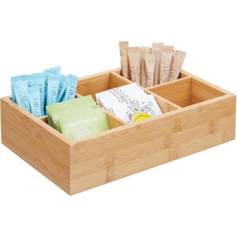 Bamboo Tea Bag Orizers, Wood Tea Bag Storage for Drawers with 6 Roomy Compartments, Sturdy Tea Chest Boxes for Shelf, Coffee Station, Sugar Packet, Sweeteners, Small Packets - Image 1