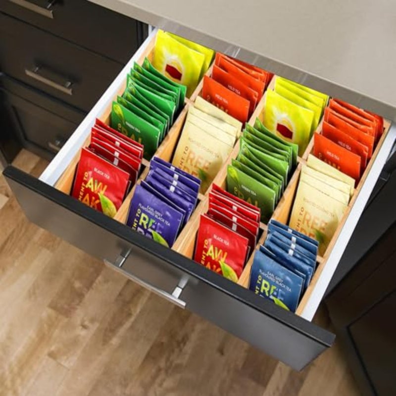 Bamboo Tea Bag Orizers, Wood Tea Bag Storage for Drawers with 6 Roomy Compartments, Sturdy Tea Chest Boxes for Shelf, Coffee Station, Sugar Packet, Sweeteners, Small Packets - Image 5