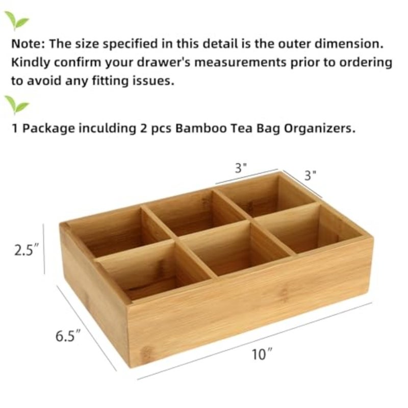 Bamboo Tea Bag Orizers, Wood Tea Bag Storage for Drawers with 6 Roomy Compartments, Sturdy Tea Chest Boxes for Shelf, Coffee Station, Sugar Packet, Sweeteners, Small Packets - Image 3