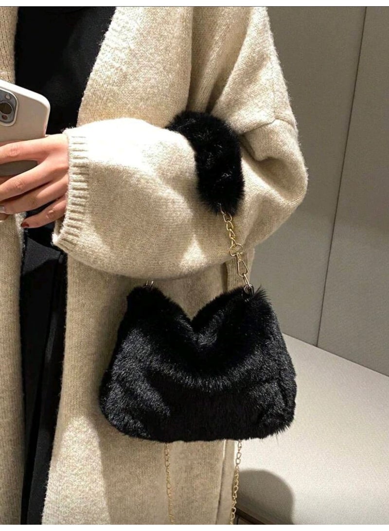 شي إن تصميم جديد لحقيبة كتف نسائية صغيرة أنيقة بسلسلة من الفرو، حقيبة مربعة صغيرة بتصميم كوري لخريف وشتاء - Image 3