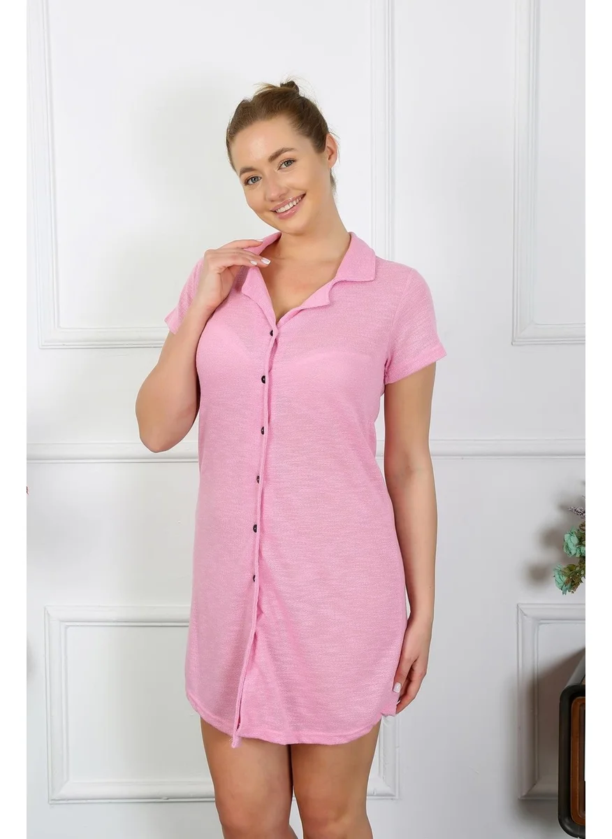 Akbeniz Women's Cotton Woven Short Sleeve Buttoned Pink Tunic Nightgown 13110