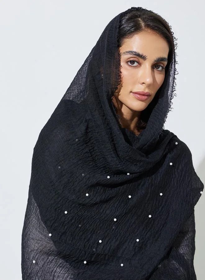 أميرة حجاب مرصع باللؤلؤ مع أطراف مهترئة - أسود