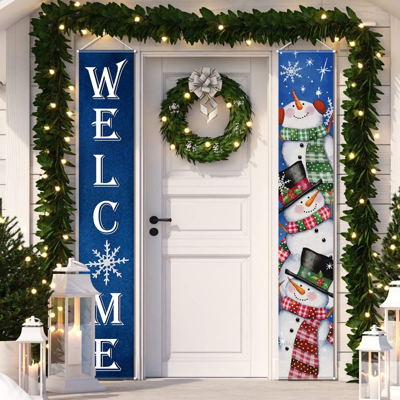 FunnyPars Winter Snowman Welcome Door Banner Watercolor Xmas Snowman Front Door Porch Sign Hanging Banner Snowflake Porch Decoration IndoorOutdoor for Winter Christmas Holiday Party Decorations - Image 2