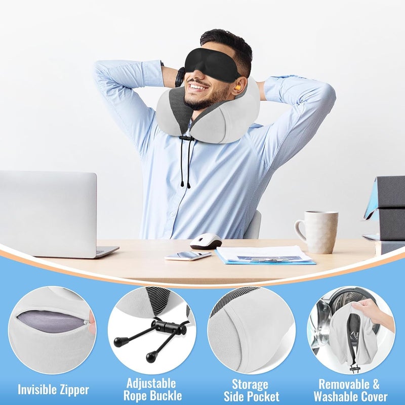 KHUMARI KHUMARI Travel Pillow Memory Foam Pillow Neck Head Support with Storage Bag Sleep Mask Earplugs Grey Standard - Image 2