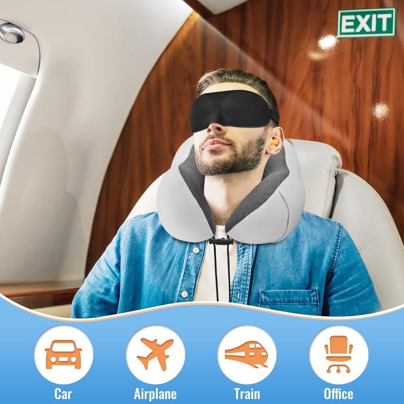 KHUMARI KHUMARI Travel Pillow Memory Foam Pillow Neck Head Support with Storage Bag Sleep Mask Earplugs Grey Standard - Image 5