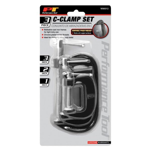 Performance Tool W86012 3-Piece C-Clamp Set with Malleable Cast Iron Frames and Swivel Pad Head for Wood and Metal Clamping - Image 2