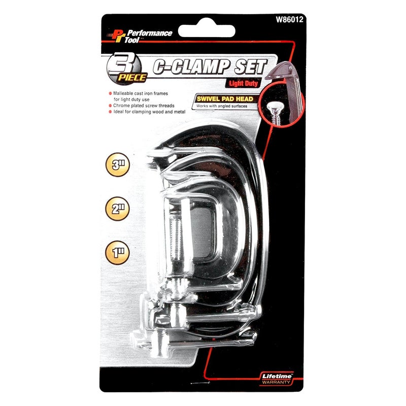 Performance Tool W86012 3-Piece C-Clamp Set with Malleable Cast Iron Frames and Swivel Pad Head for Wood and Metal Clamping - Image 3