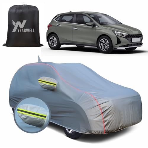 YEARWELL Car Body Cover for Hyundai i20 (2021 to 2025), 100% Waterproof, Heat-Resistant with Mirror & Antenna Pockets, Soft Cotton Lining, Triple Stitched, Green Reflector (Metallic Grey) - Image 1