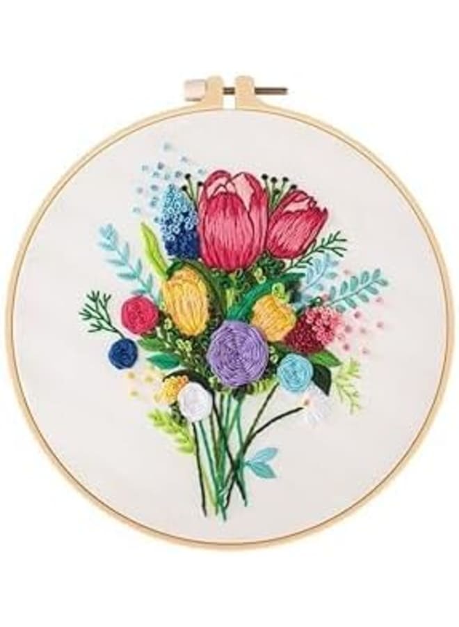 مجموعة أدوات تطريز أوراق الزهرة الصفراء للمبتدئين، مجموعة تطريز يدوي، مجموعة غرز متقاطعة مطبوعة بنمط للبالغين المبتدئين، مع طوق التطريز والتعليمات (زهرة 1) - Image 1