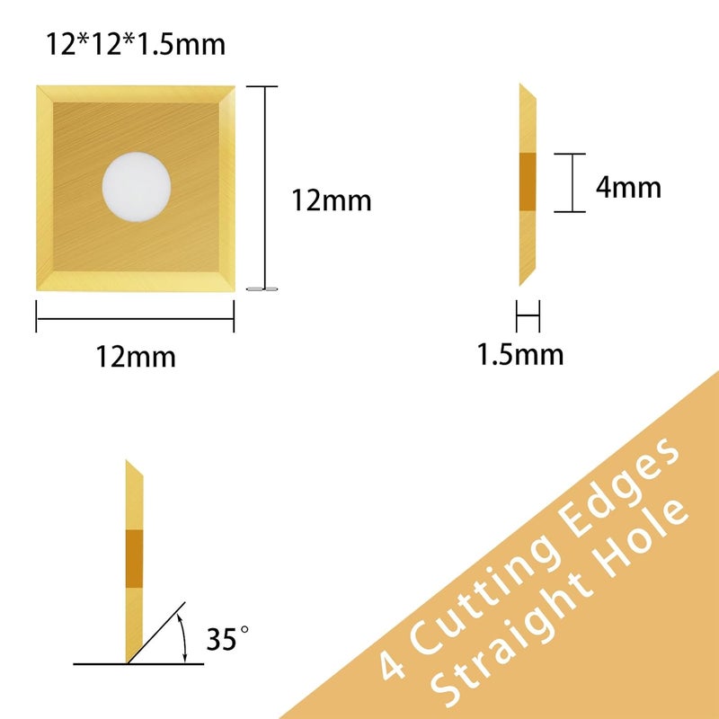 BINSTAK TiN Coated Square Corners Carbide Inserts 4 Edges, 12 * 12mm*1.5mm, 35 Degree Cutting Angle, Pack of 10, Straight-Hole (Gold) - Image 2