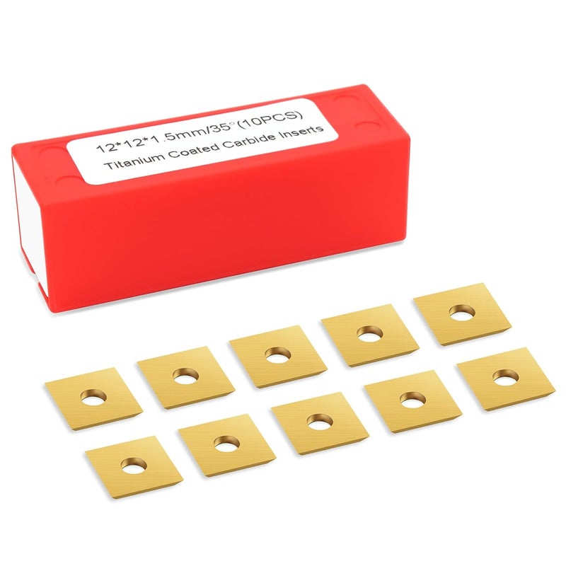 BINSTAK TiN Coated Square Corners Carbide Inserts 4 Edges, 12 * 12mm*1.5mm, 35 Degree Cutting Angle, Pack of 10, Straight-Hole (Gold) - Image 1
