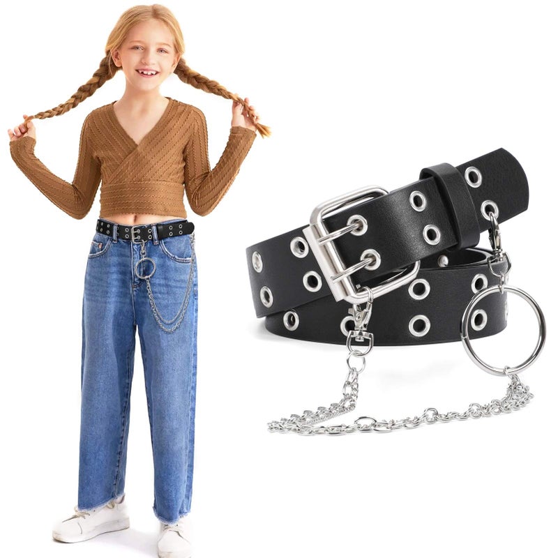 WERFORU Kids Double Grommet Belt with Holes for Girls Boys PU Two Row Grommet Waist Belt for Jeans Dress - Image 1