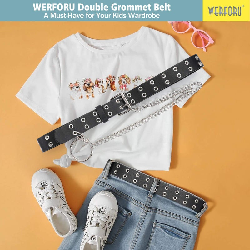 WERFORU Kids Double Grommet Belt with Holes for Girls Boys PU Two Row Grommet Waist Belt for Jeans Dress - Image 4