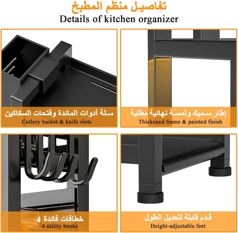 جلوكلوز رف تنظيم المطبخ من نوع Spice Rack، ذو 3 طبقات، رف معدني كبير للتخزين فوق العداد مزود بخطافات، صينية لحمل برطمانات التوابل والأدوات الحادة، رف مقاوم للانزلاق في زاوية العداد مناسب للاستخدام في المطبخ المنزلي. - Image 4