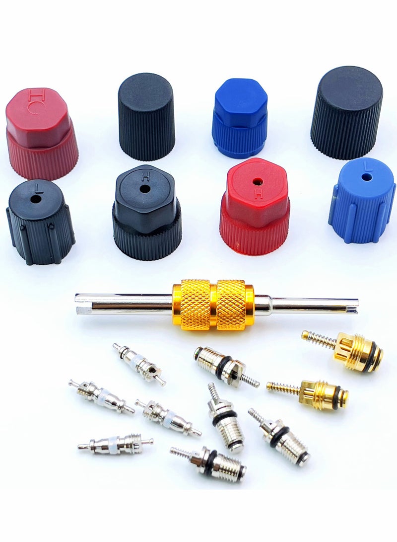 Air Conditioning Valve Core Kit, Car and Home AC R12 R134a Teflon Seal Refrigeration Schrader Valve Core with Valve Stem Core Tool Air Conditioning AC System Charging Port Seal Caps Kit - Image 2