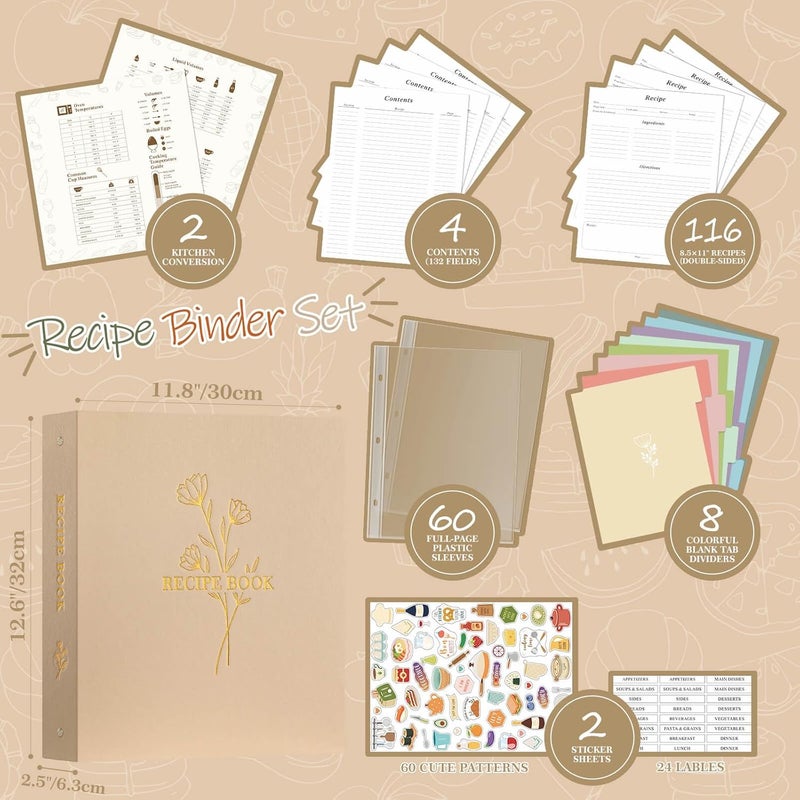 Lanpn Recipe Binder 8.5x11 3 Ring Kit, Waterproof Recipe Book Organizer Binder with 60 Plastic Sleeves,116 Recipes, Dividers,Labels & Stickers, Blank Recipe Binder to Write in Your Own Recipes, Oat - Image 3