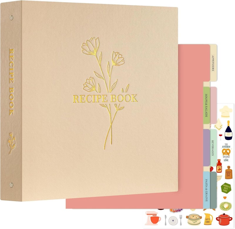 Lanpn Recipe Binder 8.5x11 3 Ring Kit, Waterproof Recipe Book Organizer Binder with 60 Plastic Sleeves,116 Recipes, Dividers,Labels & Stickers, Blank Recipe Binder to Write in Your Own Recipes, Oat - Image 1