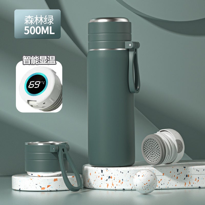 Vacuum Cup mens and womens large capacity stainless steel Kettle tea separation water Cup 2023 new printing wholesale tea cup 500ml military green [temperature display cap]