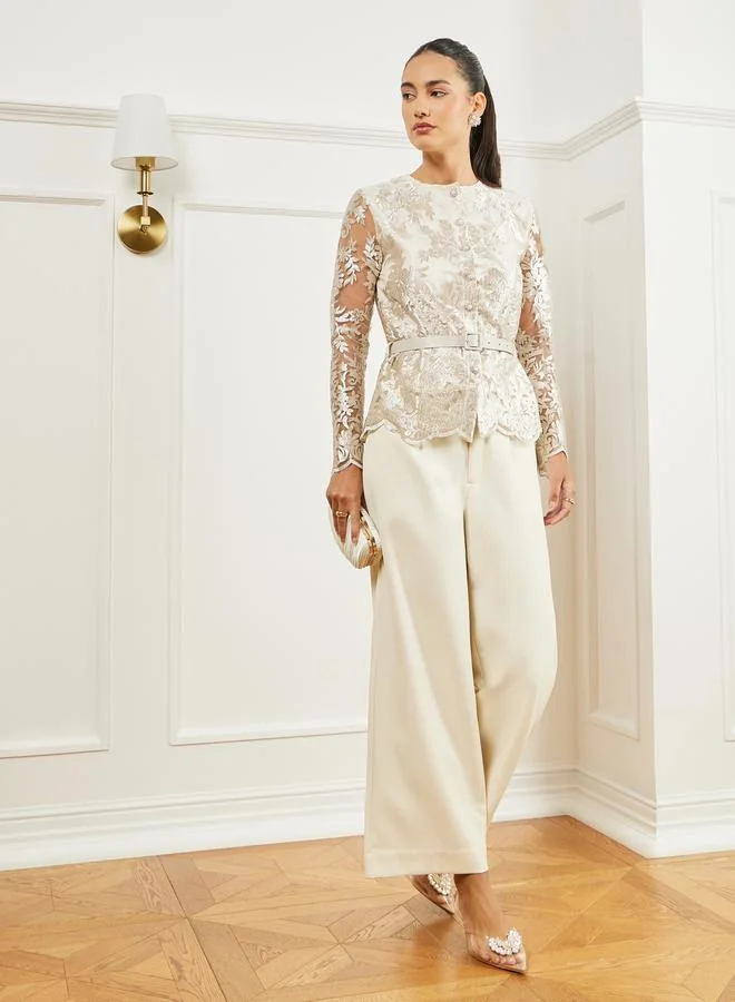 Styli Off-White Lace Long Sleeves Peplum Top