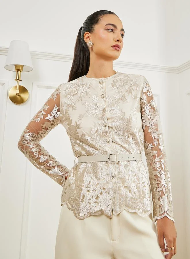 Styli Off-White Lace Long Sleeves Peplum Top