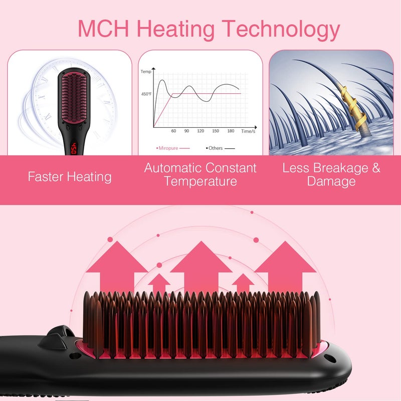 miropure Enhanced Ceramic Hair Straightener Brush by MiroPure, 2-in-1 Ionic Straightening Brush with Anti-Scald Feature, Auto Temperature Lock & Auto-Off Function (Black) - Image 4