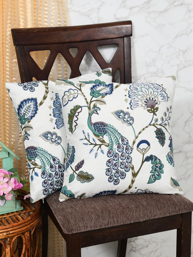 Clasiko Cotton Cushion Covers; Living Room Throw Cushion; Set of 2; 20x20 Inches; Blue Gardenia - Image 3